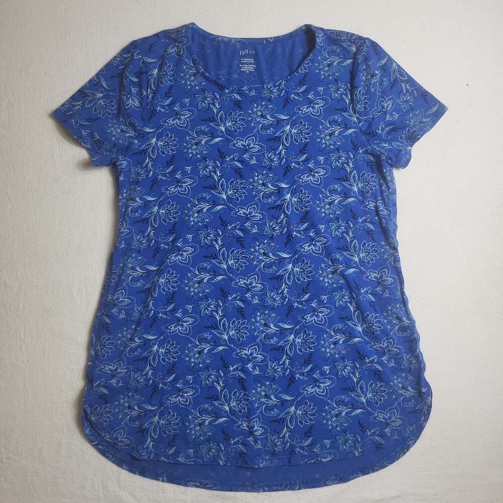 J. Jill Simply Supima V-Neck Tunic Blue Floral Paisley Cotton Top XS Petite